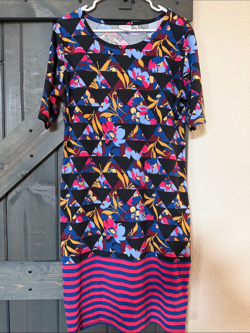 LuLaRoe Black Floral Shift Dress with Blue, Pink & Gold Accents